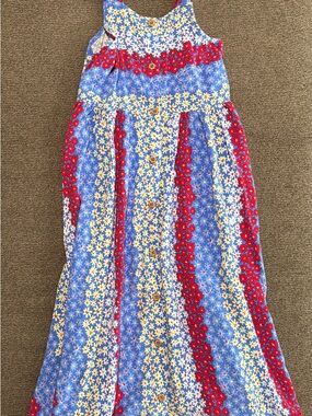 Girls Blue Floral Button-Front Sundress with Red Accents